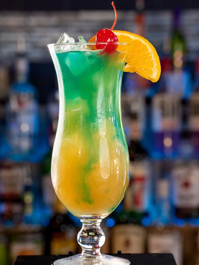 The Blu Bahama, a green and gold hurricane with a cherry and orange