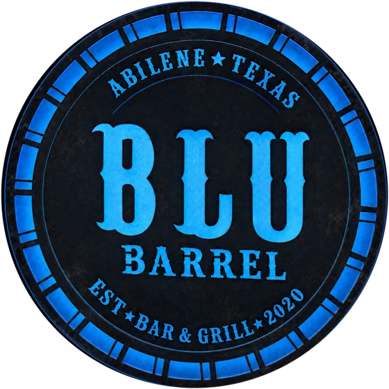 The Blu Barrel laser-cut iron sign, blue backlight shining through the letters